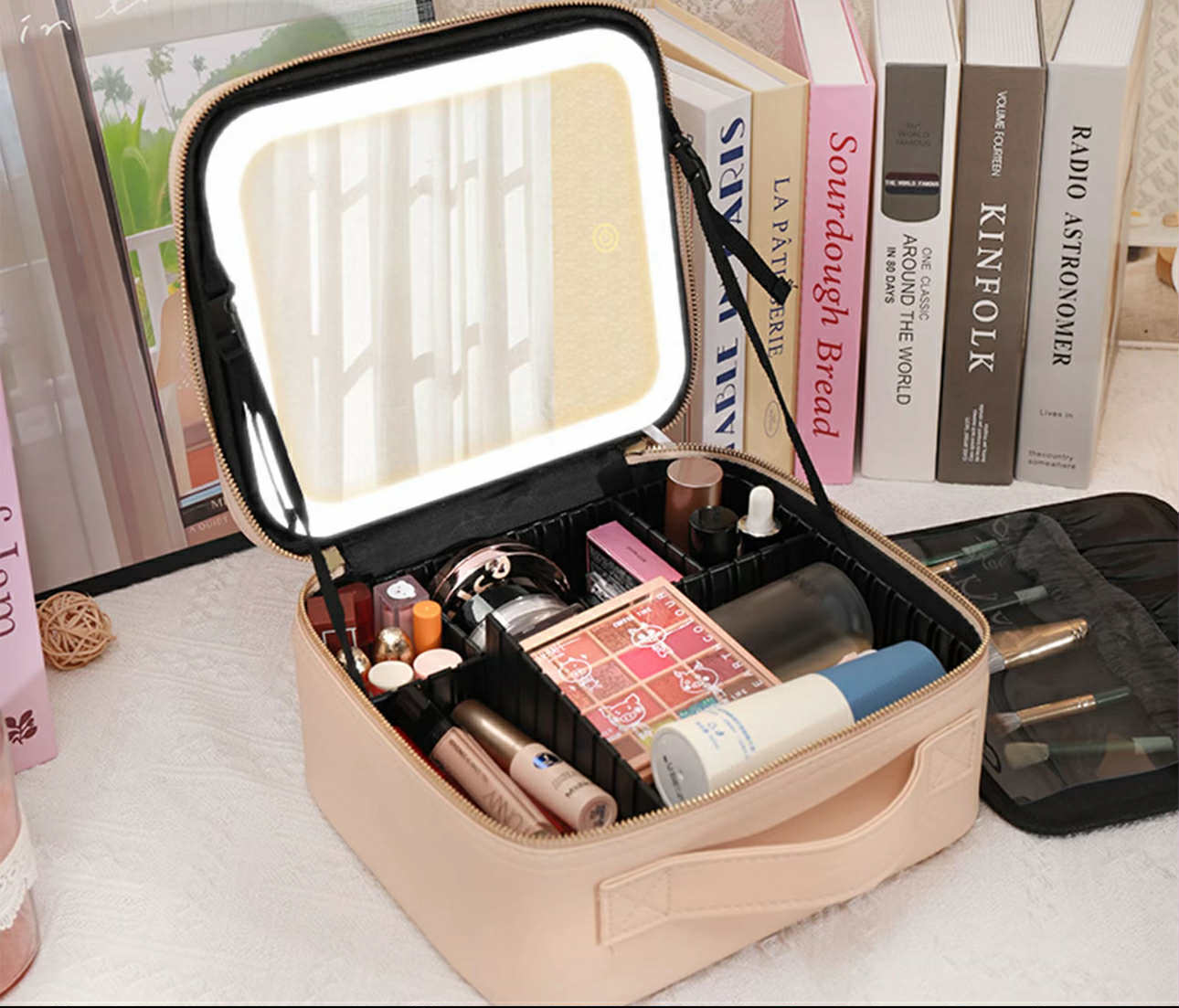 PREMIUM Portable Makeup Bag Organizer w/ Mirror & LED Lights