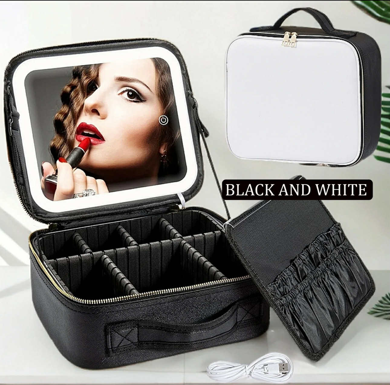PREMIUM Portable Makeup Bag Organizer w/ Mirror & LED Lights