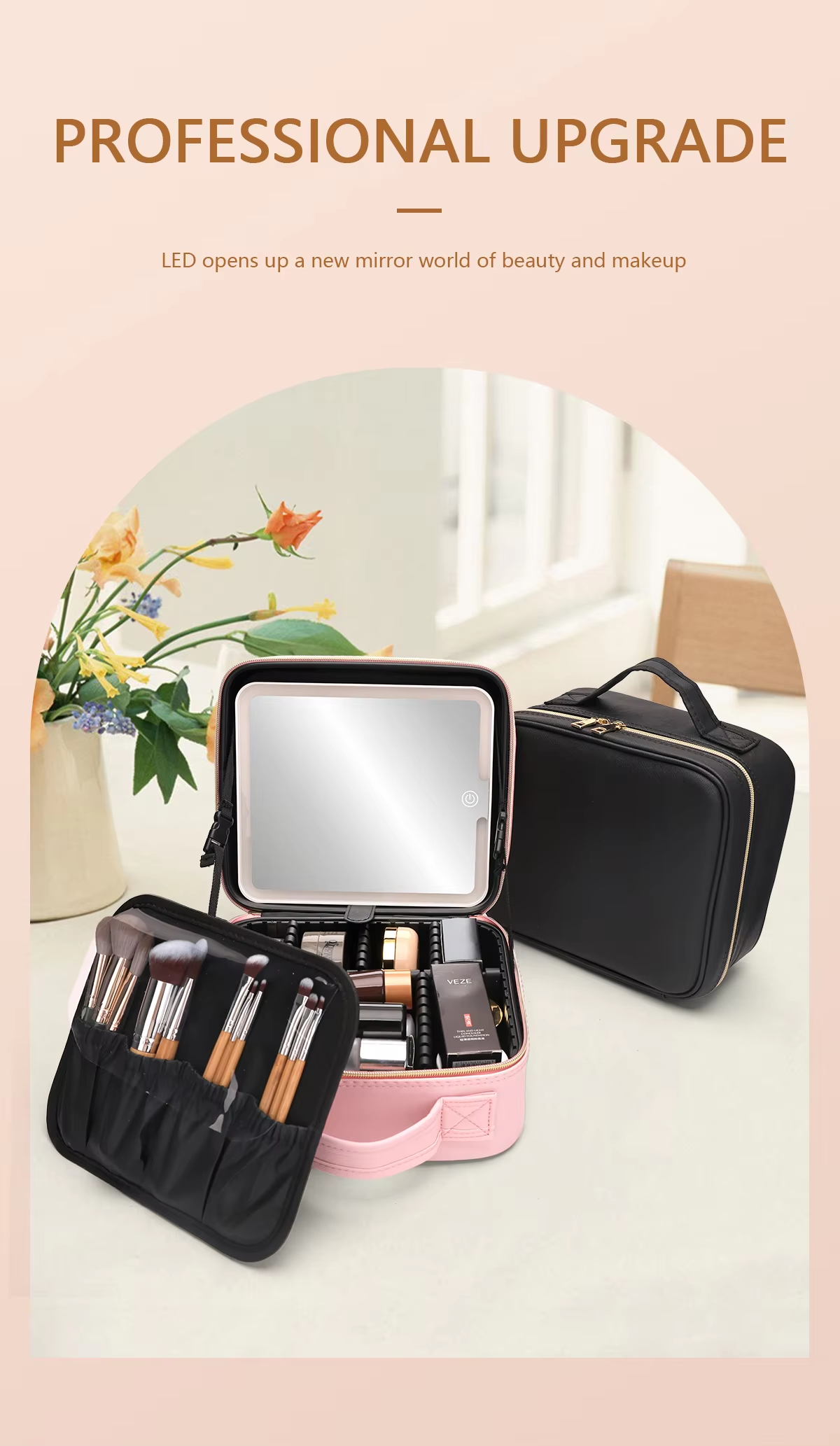 PREMIUM Portable Makeup Bag Organizer w/ Mirror & LED Lights