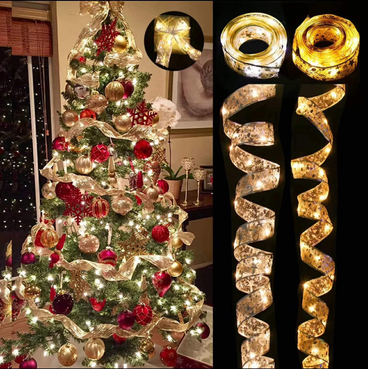 Christmas Ribbon w/ Light for Xmas Tree | Christmas Decorations & Ornaments