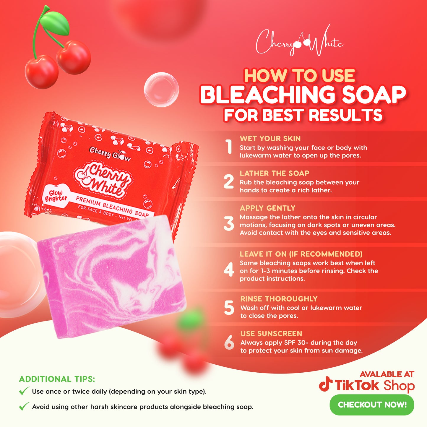 CHERRY WHITE GLOW PREMIUM BLEACHING SOAP | 10X POWER WHITENING | 5PCS PER PACK
