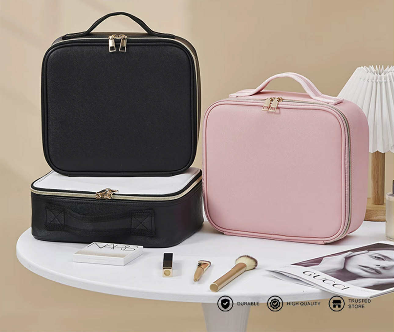 PREMIUM Portable Makeup Bag Organizer w/ Mirror & LED Lights