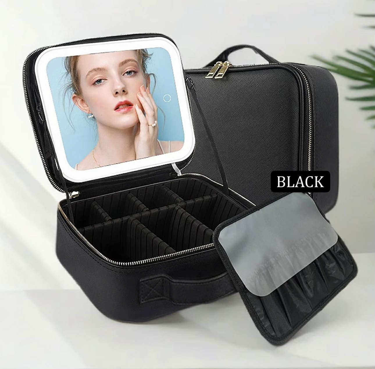 PREMIUM Portable Makeup Bag Organizer w/ Mirror & LED Lights