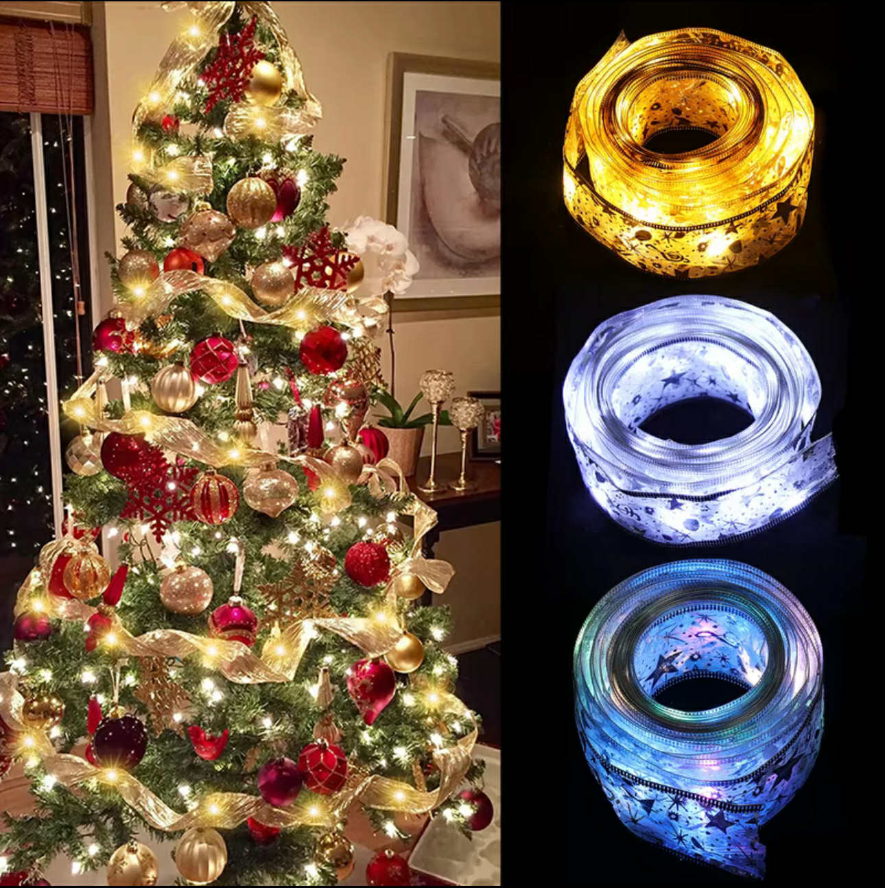 Christmas Ribbon w/ Light for Xmas Tree | Christmas Decorations & Ornaments