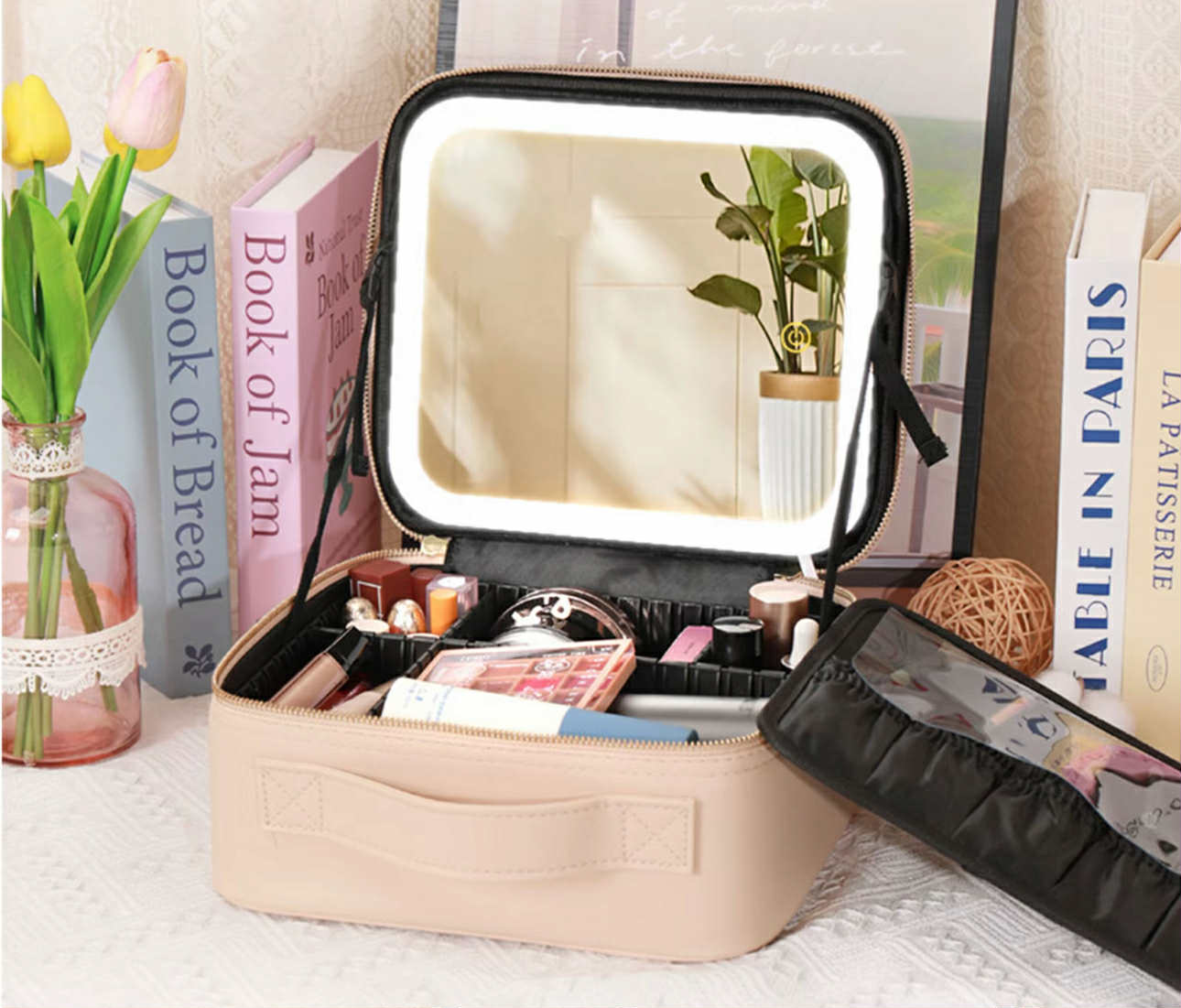 PREMIUM Portable Makeup Bag Organizer w/ Mirror & LED Lights