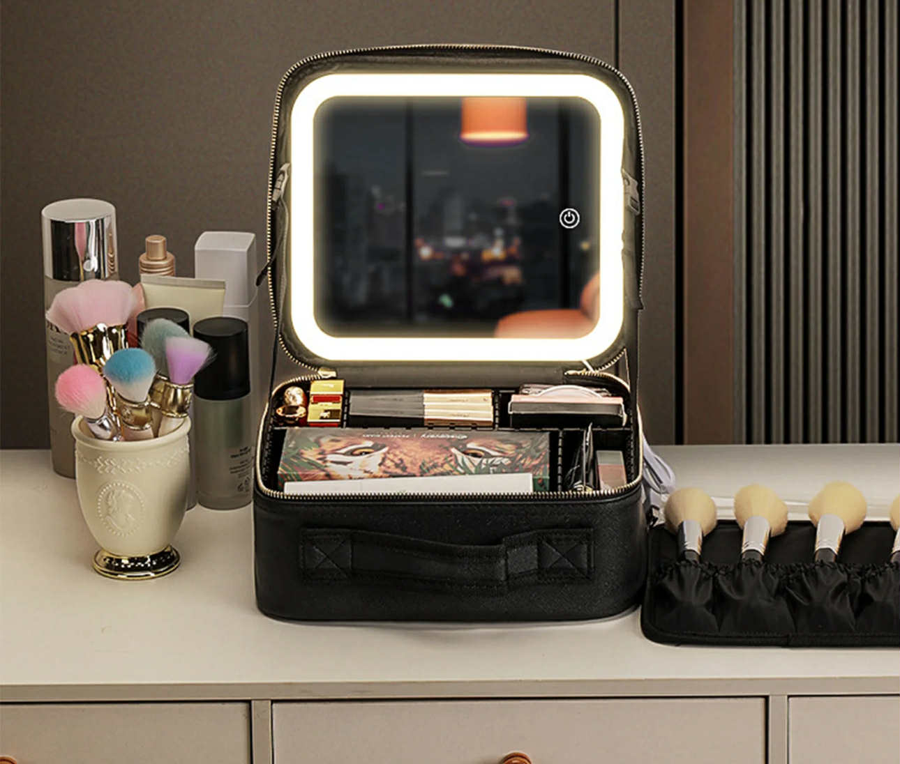 PREMIUM Portable Makeup Bag Organizer w/ Mirror & LED Lights
