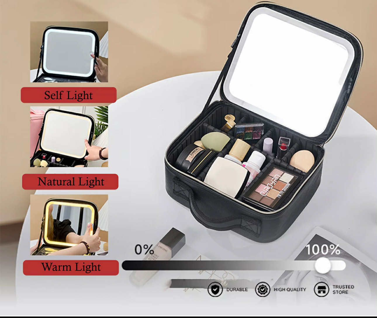 PREMIUM Portable Makeup Bag Organizer w/ Mirror & LED Lights