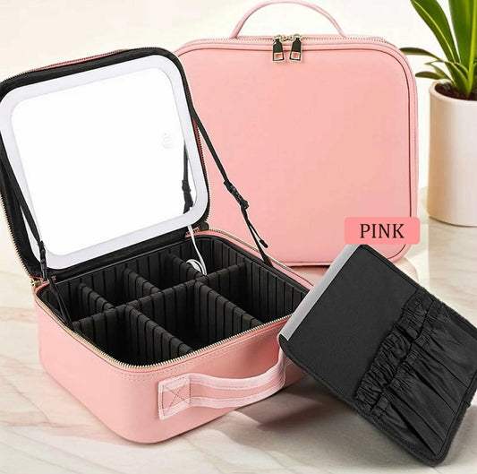 PREMIUM Portable Makeup Bag Organizer w/ Mirror & LED Lights