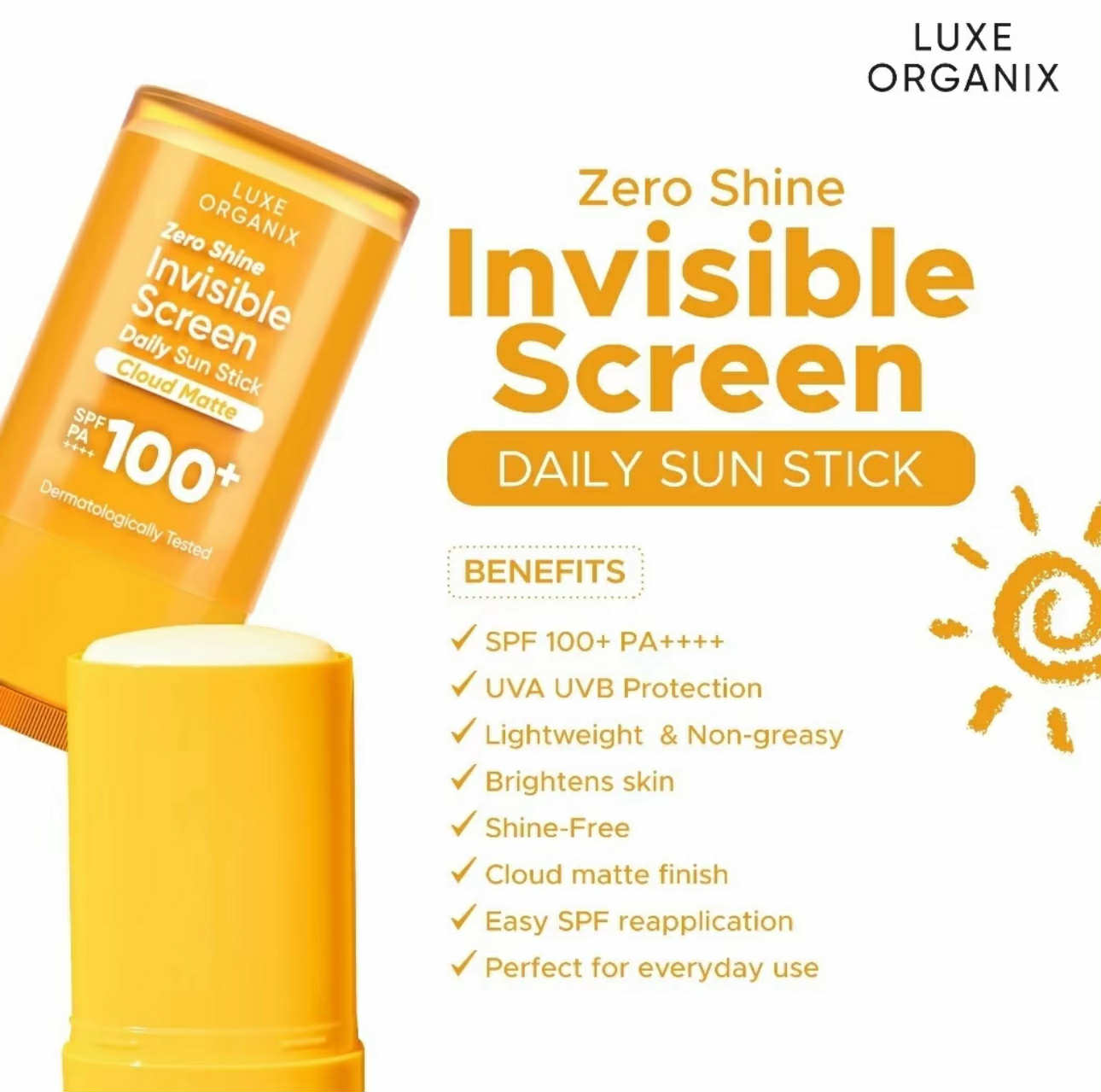 ZERO SHINE Invisible Sunscreen Daily Sun Stick w/ SPF 100 PA++++ by Luxe Organix